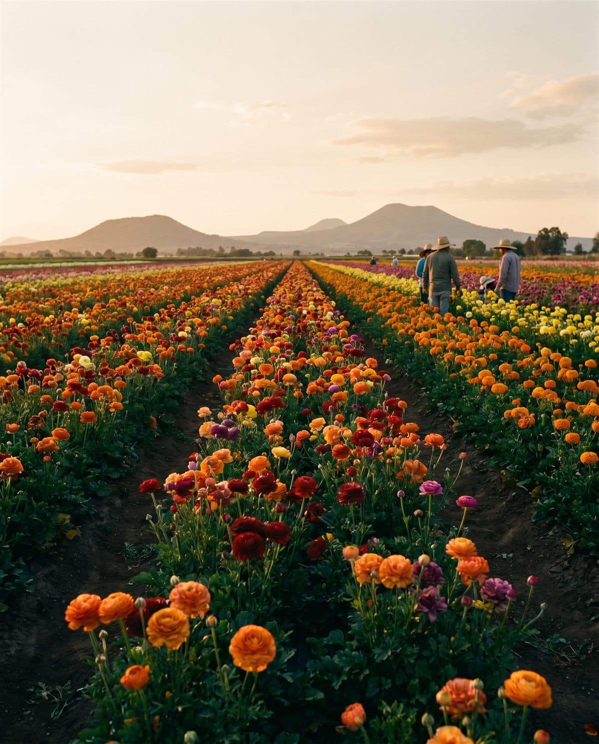 Surcos de flores en producción de floricultura