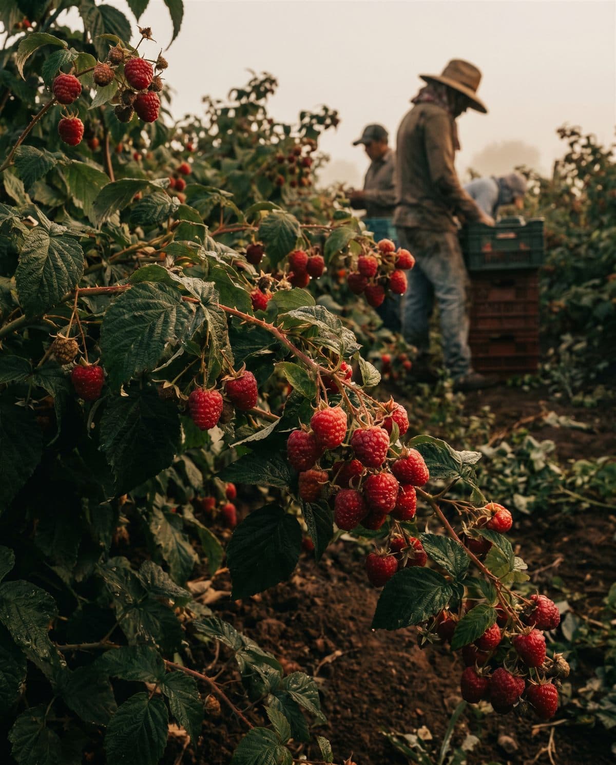Frambuesas rojas maduras en planta