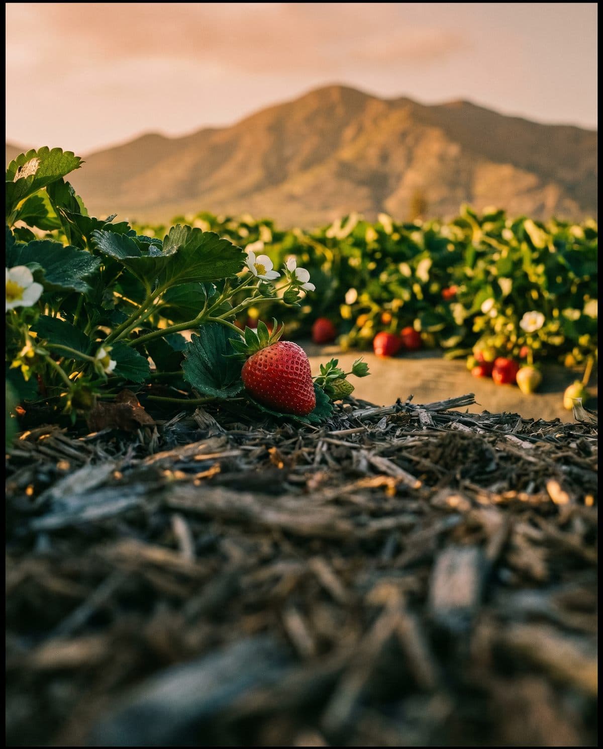 Fresas de exportación con rocío en planta