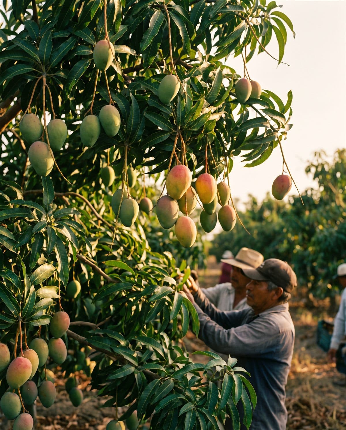 Mangos madurando en el árbol