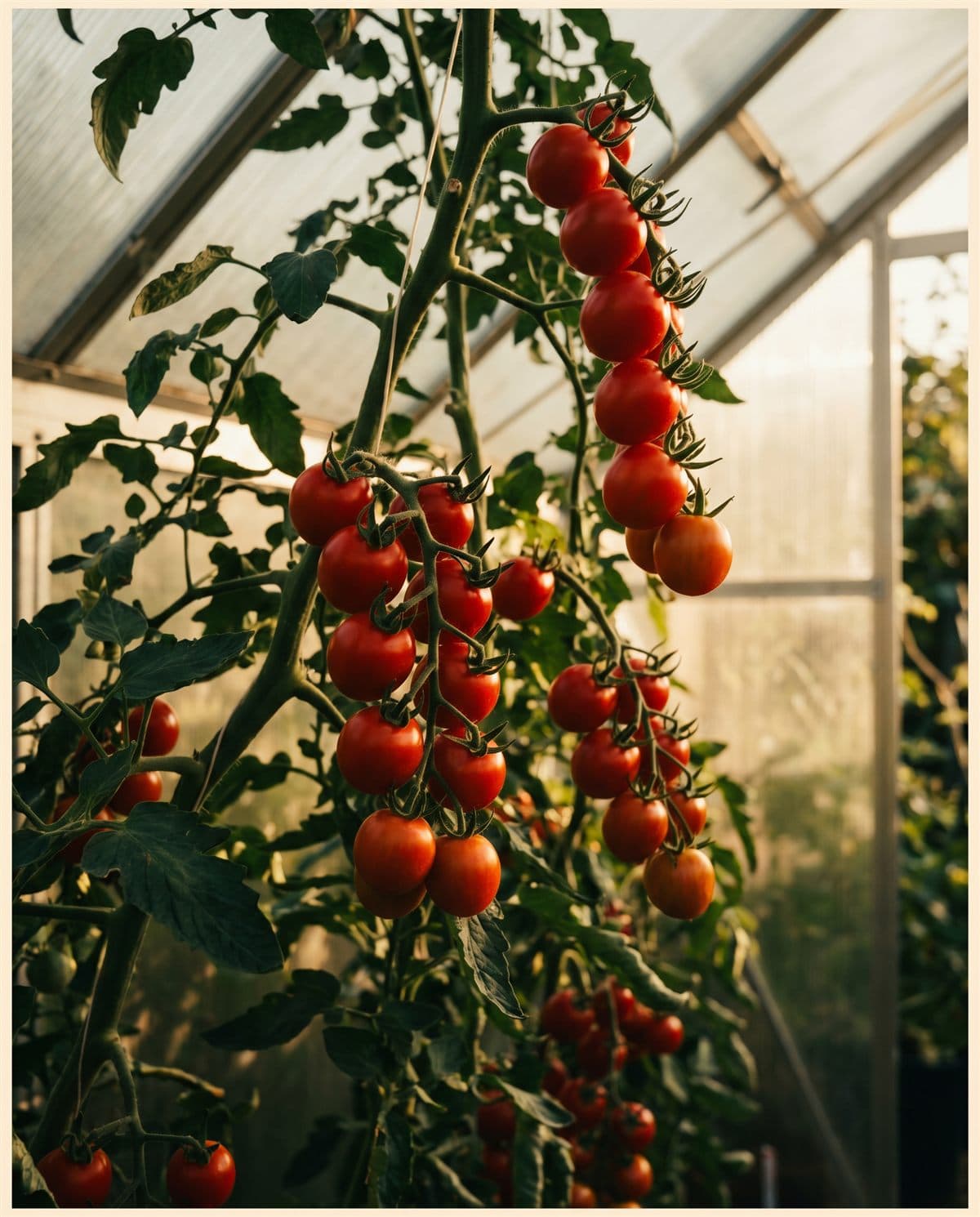 Tomates cherry maduros en racimo